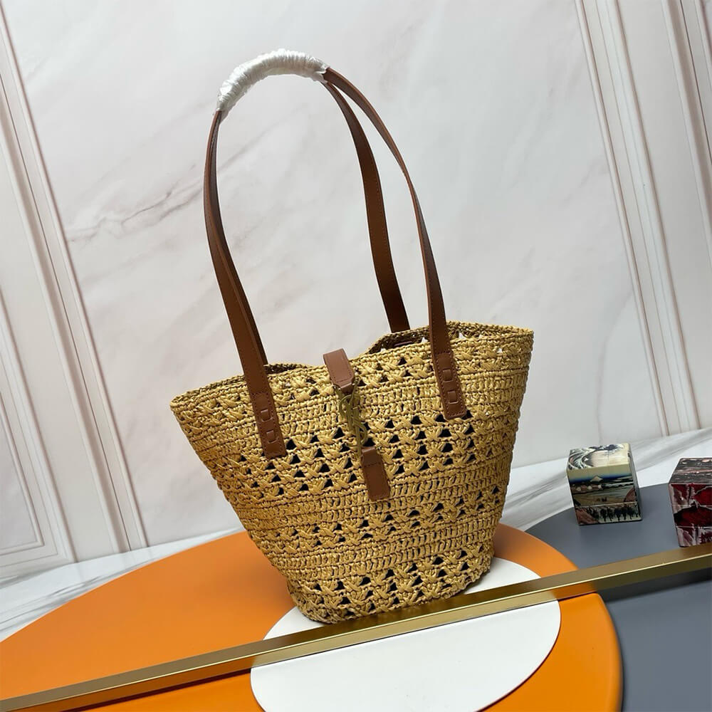 YSL Small Panier Raffia Bag In Brown