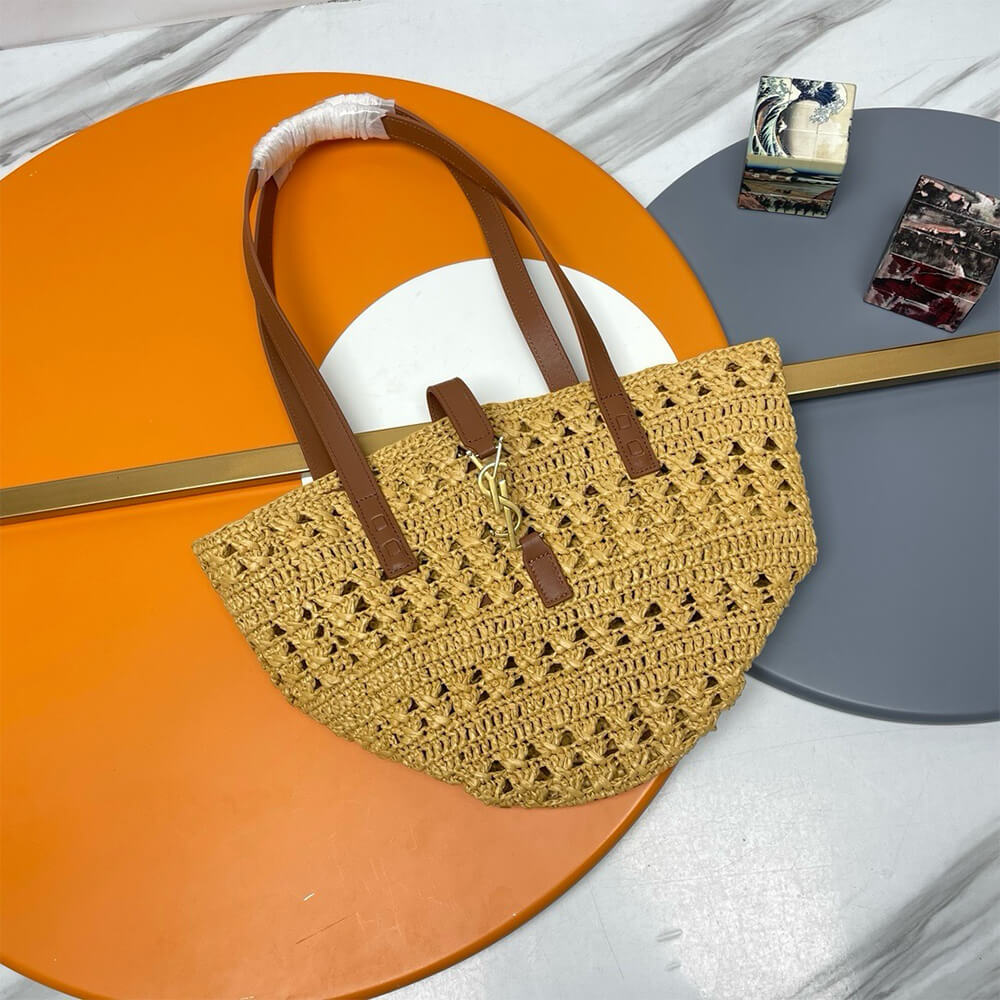YSL Small Panier Raffia Bag In Brown